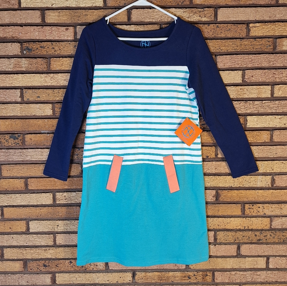 NWT Tracy Negoshian Small Bella Turquoise Stripe Dress